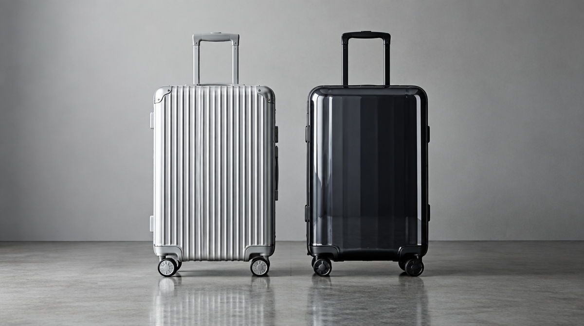 Valises en aluminium et en polycarbonate côte à côte