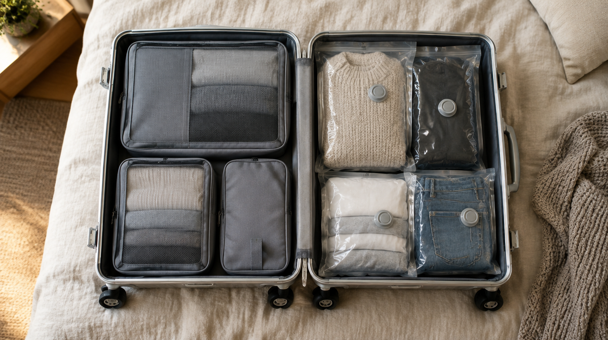 Valise en aluminium ouverte, rangée avec des cubes de voyage et des sacs sous vide