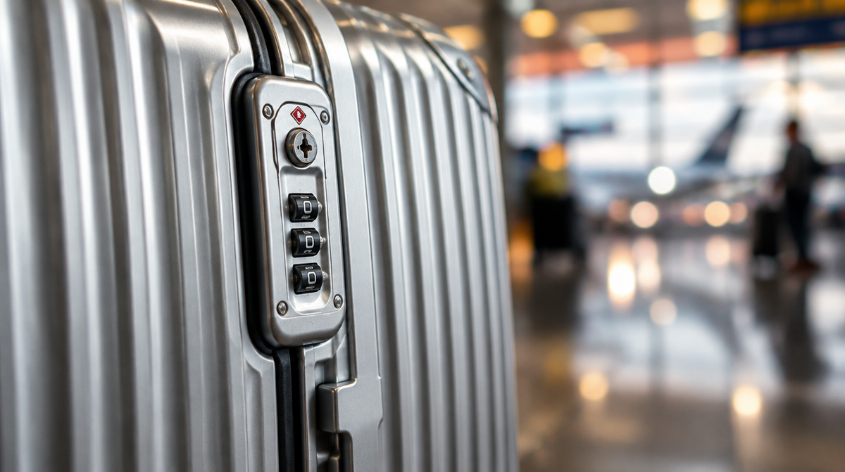 Gros plan sur la serrure à code TSA d’une valise en aluminium