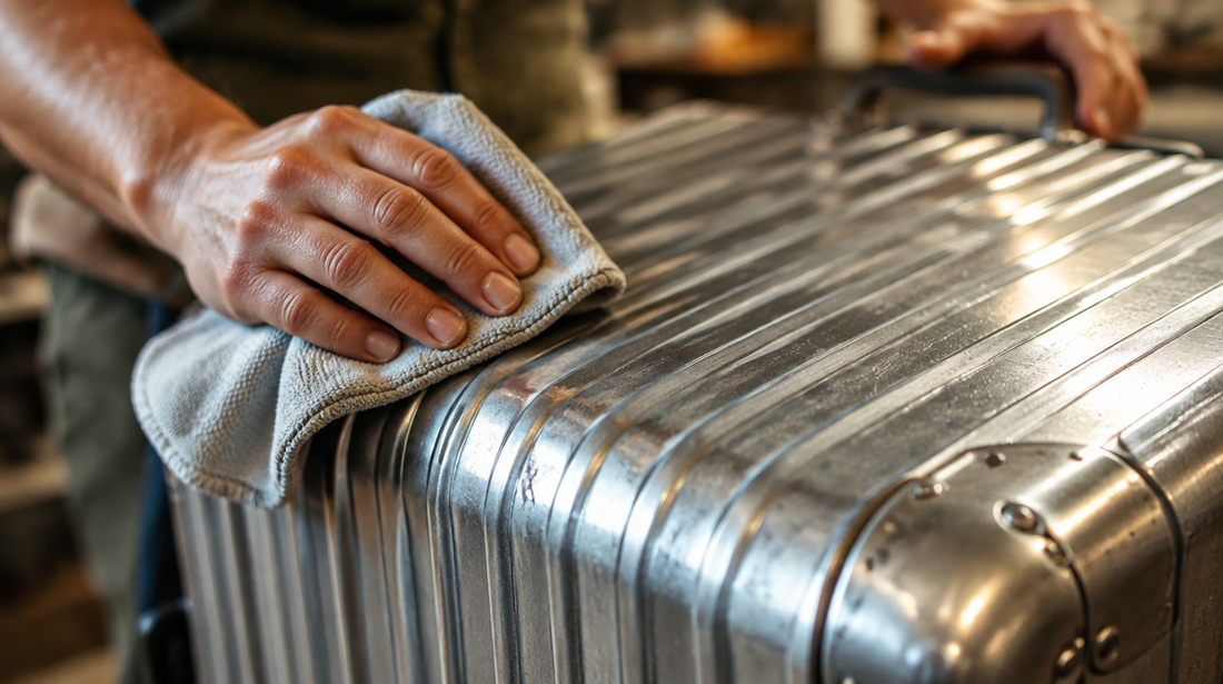 Hand polishing an aluminium suitcase shell with a soft cloth