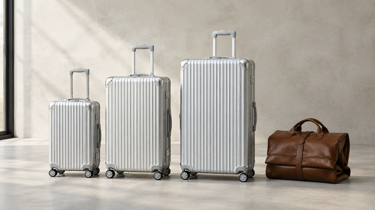 Valises en aluminium de différentes tailles près d’un sac de voyage en cuir