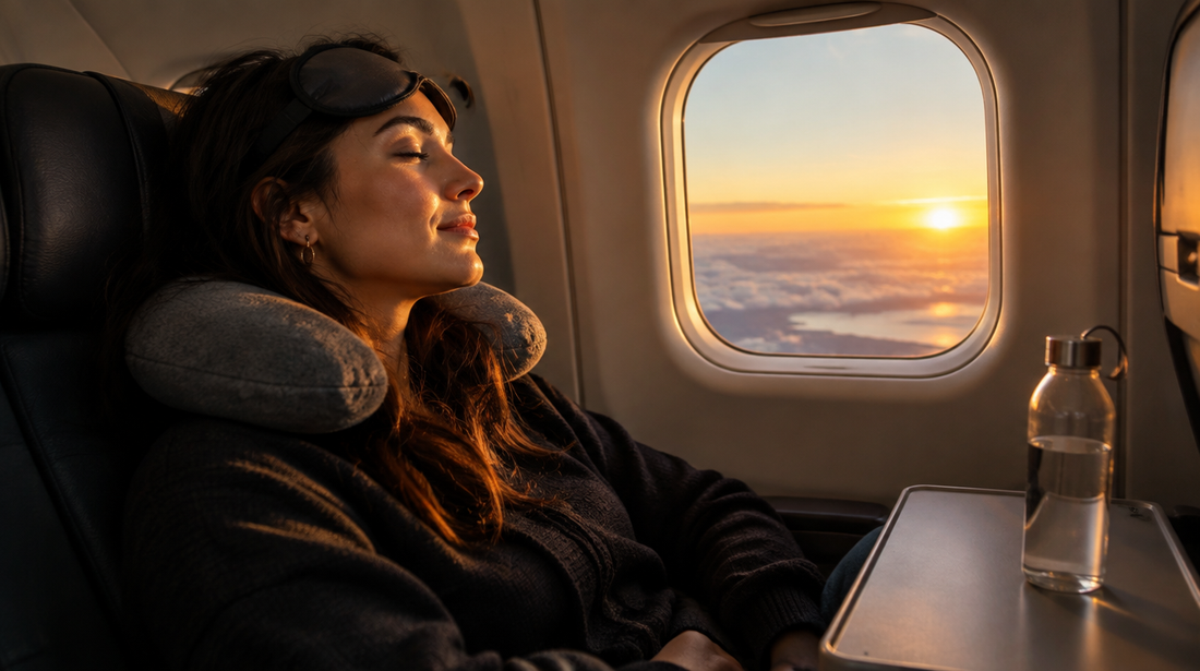 Voyageur au repos près du hublot d’un avion au lever du soleil, pendant un vol long-courrier