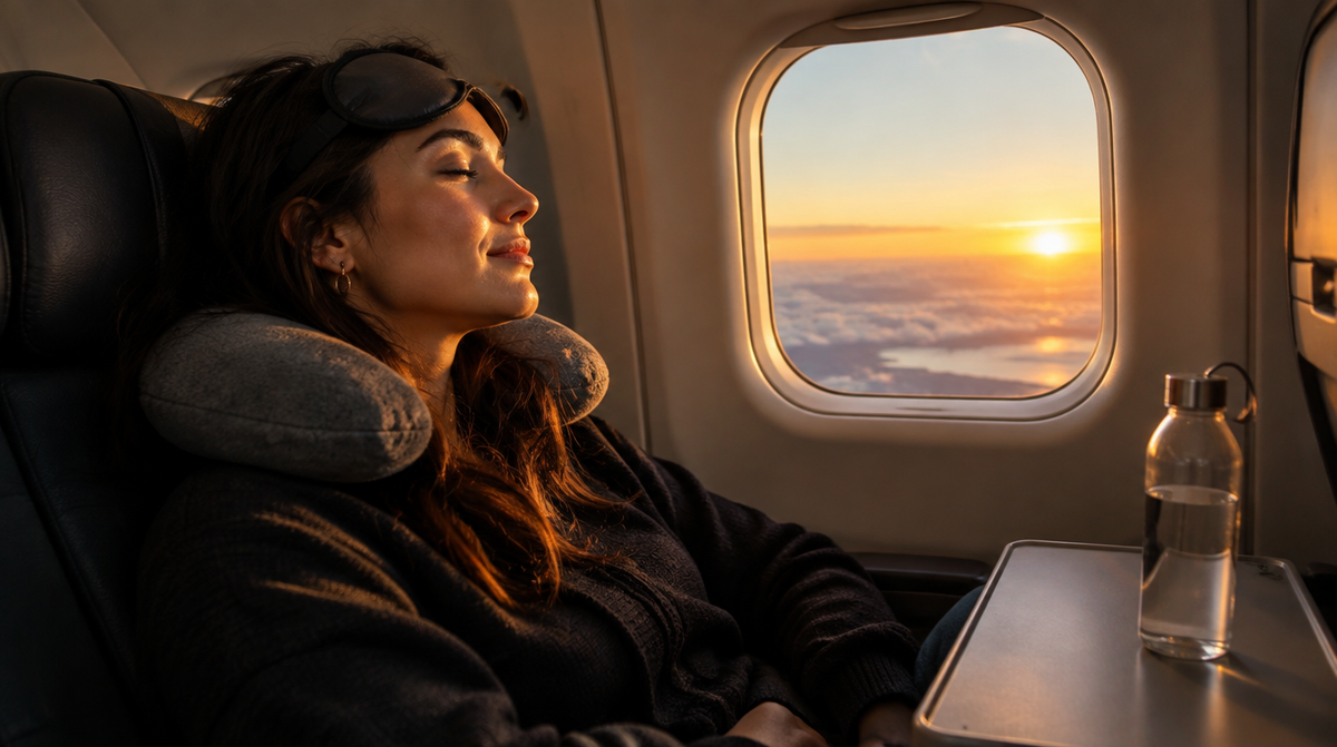 Voyageur au repos près du hublot d’un avion au lever du soleil, pendant un vol long-courrier