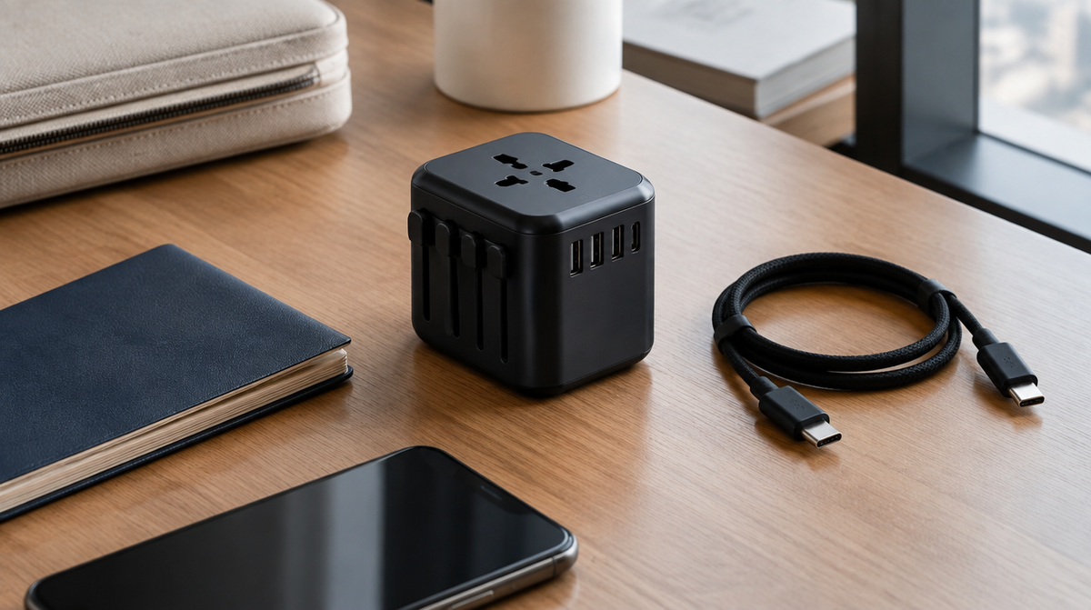 Adaptateur de voyage universel et câbles USB-C sur un bureau d’hôtel, près d’un passeport