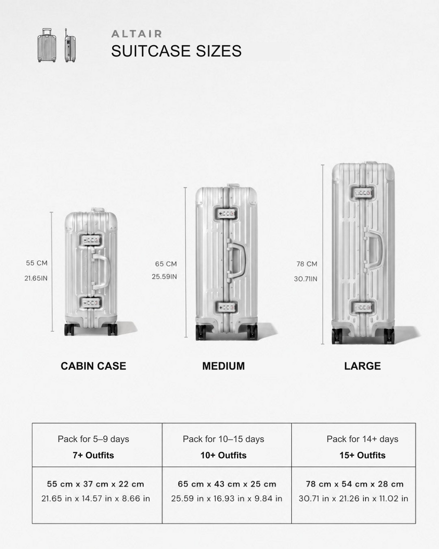 Dimensions chart for the ALTAIR Original Cabin silver suitcase